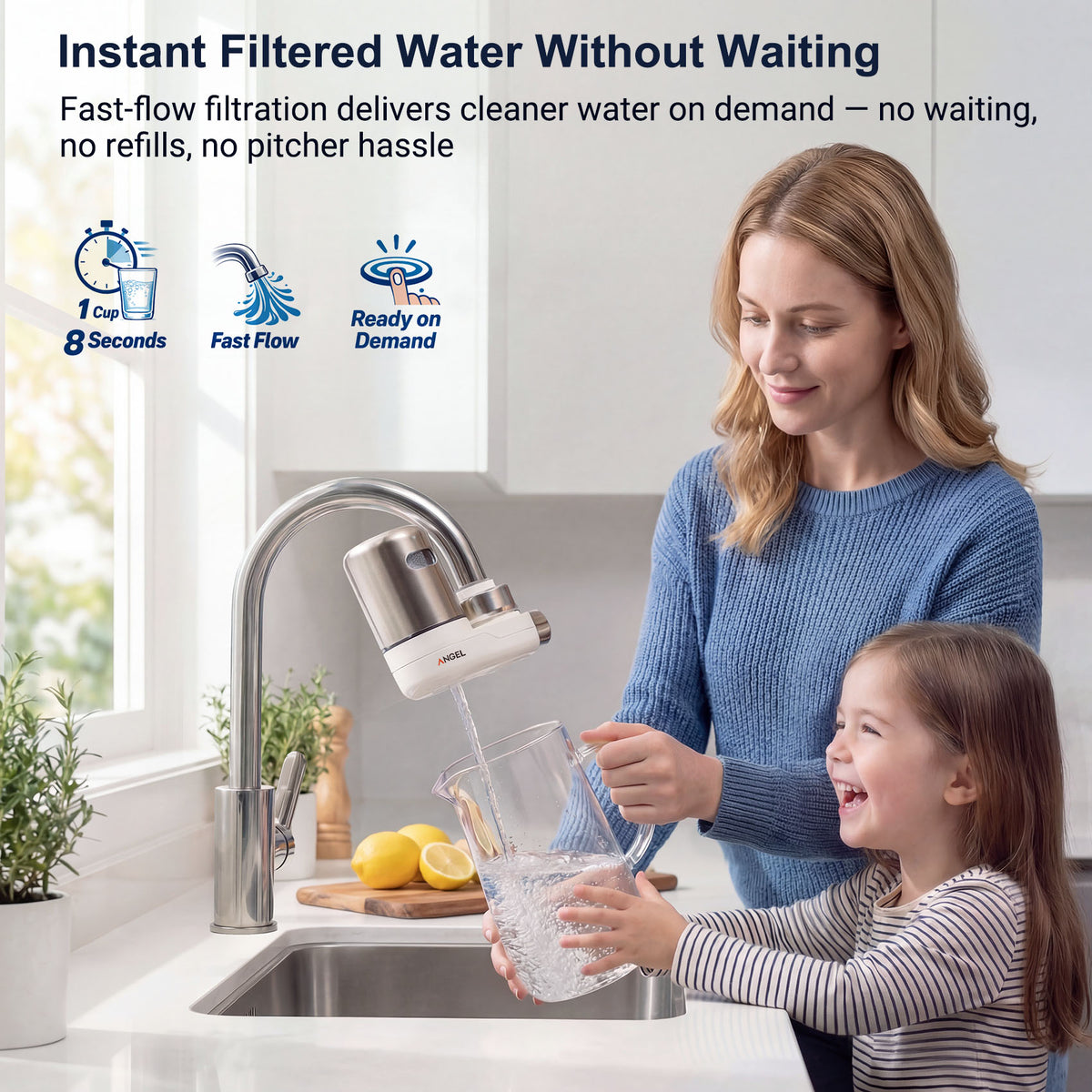 ANGEL CF30 Water Filter for Sink Faucet, Faucet Mount Water Filtration System, Reduces 98% Chlorine, Lead & Rust, SGS Tested, Easy Install, 350 Gallons Long-Lasting for Kitchen & Bathroom (Rose Gold)