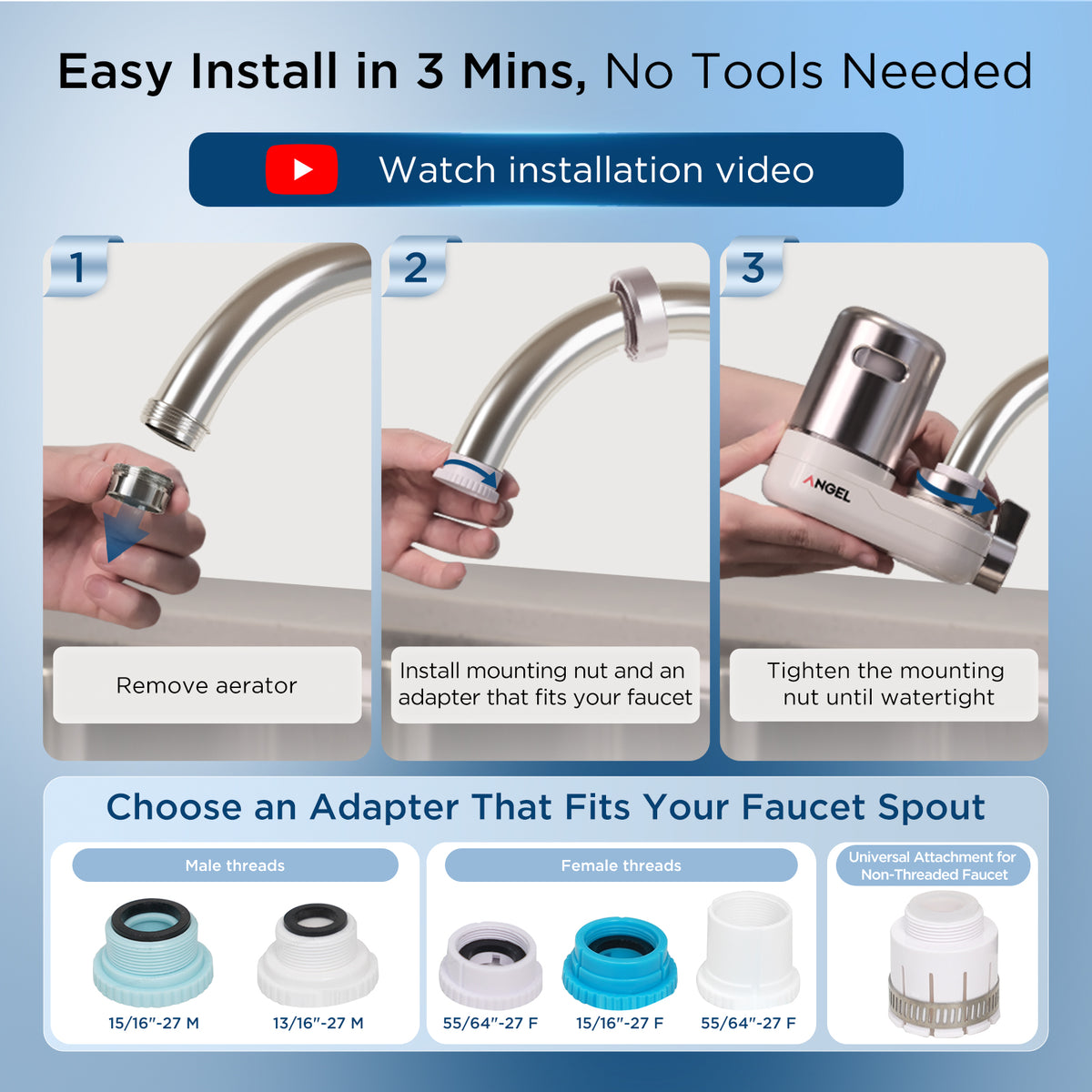 ANGEL CF30 Water Filter for Sink Faucet, Faucet Mount Water Filtration System, Reduces 98% Chlorine, Lead & Rust, SGS Tested, Easy Install, 350 Gallons Long-Lasting for Kitchen & Bathroom (Rose Gold)