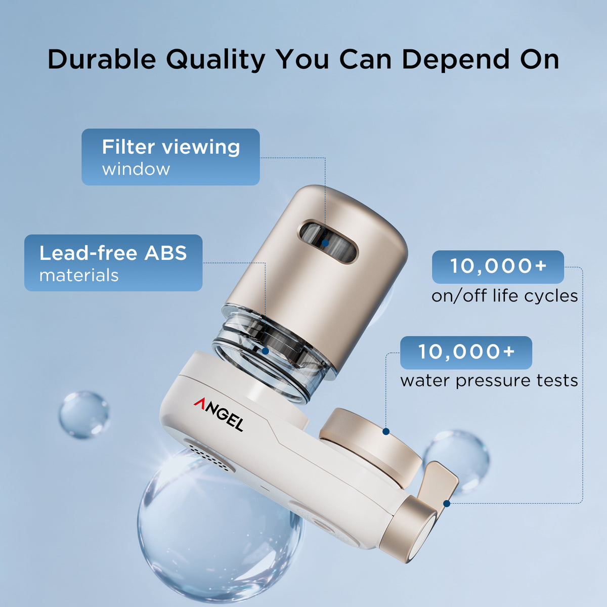 ANGEL CF30 Water Filter for Sink Faucet, Faucet Mount Water Filtration System, Reduces 98% Chlorine, Lead & Rust, SGS Tested, Easy Install, 350 Gallons Long-Lasting for Kitchen & Bathroom (Rose Gold)